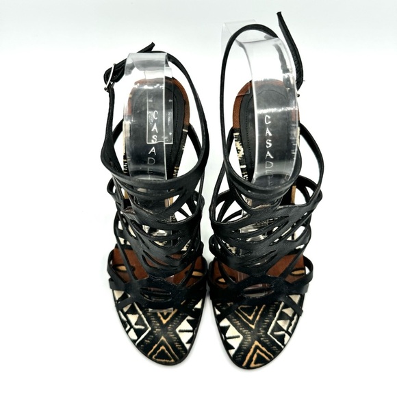 CASADEI BLACK LETTER STRAPPY SANDALS ANKLE BROWN NEUTRAL HEELS TRIBAL SANDALS 7 - Picture 6 of 15